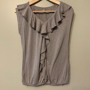 Loft Gray Ruffled Short Sleeve Shirt, Size Small